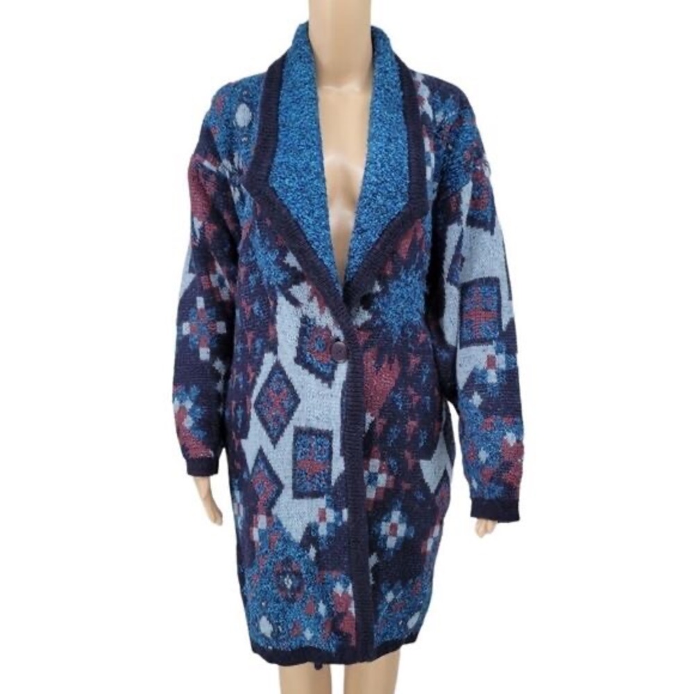 Cervelle Vintage Cardigan Sweater Duster Longline Tribal Aztec Blue Wool…